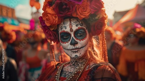 Woman With Skeleton Face Paint and Flowers in Her Hair © Taufiq