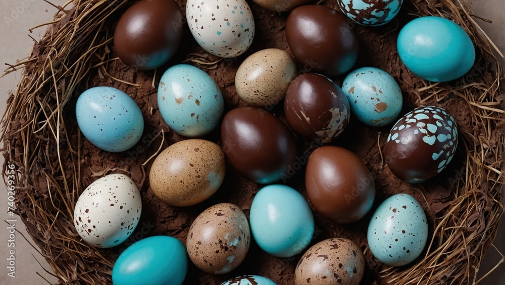  Top down view of an Easter border frame of robin's eggs and chocolate eggs with copy space in the middle