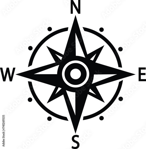 Compass icon. Monochrome navigational compass with cardinal directions of North, East, South, West. Geographical position, cartography and navigation. Wind rose flat or line vector.
