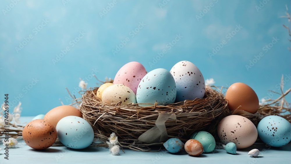 Easter poster background template with Easter eggs in the nest on light blue background, Greetings and presents for Easter Day