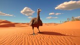 A turkey waddling around a simulated desert, its claws leaving temporary imprints on the virtual sand.