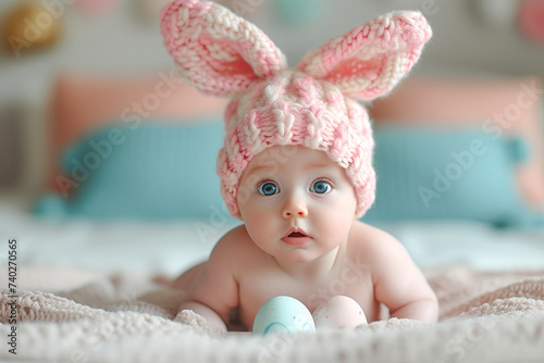 A newborn baby girl with a rabbit hat on his head lies on a bed like an easter bunny. Easter concept.