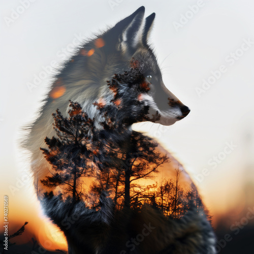 A fox placed in double exposure with forest background and sunset sky.
