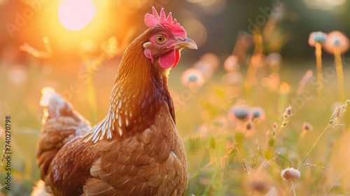 rooster on a green background, bright colors, detailed image of the head and comb.