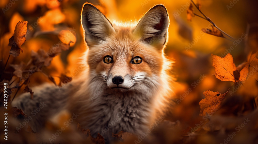 Fototapeta premium fox in the forest in bright autumn