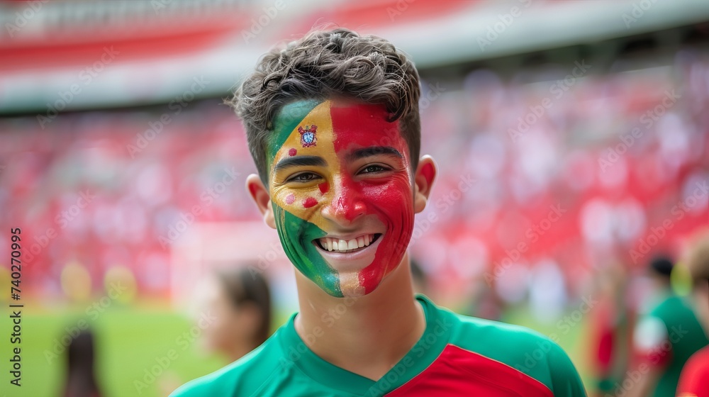 Portugal fan with face paint cheering at football stadium with blurry background and copy space