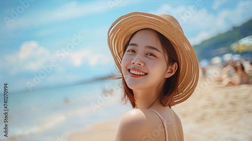 Wallpaper Mural Asian woman in bikini smiling happily on the beach. Torontodigital.ca