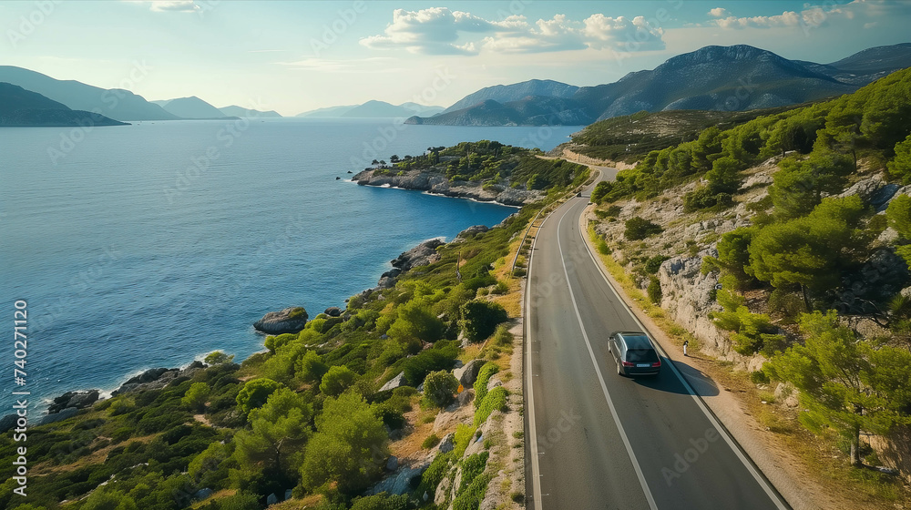 Drone view of a car driving on a road that cuts through mountains and sea.