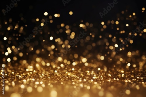 Abstract blurred bokeh lights with a golden glow on a dark background. Golden Bokeh Lights on Black Background