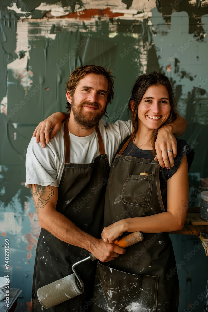 Fototapeta premium A Caucasian man and woman are hugging each other's shoulders and smiling with confidence painting a wall.