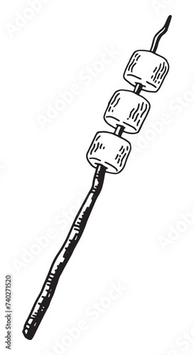 Sketch of marshmallow on a stick. Clipart of traditional camping food. Hand drawn vector illustration isolated on white.