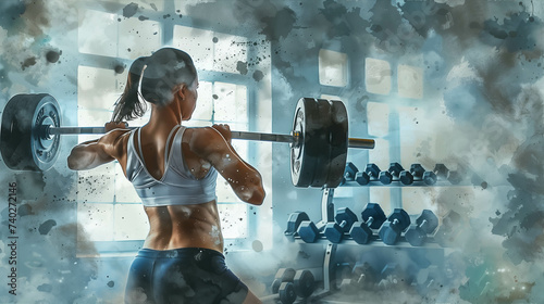 Watercolor illustration of woman in exercise clothes lifting a barbell in the gym.