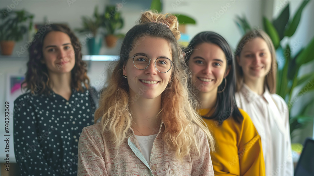 Various Caucasian women smile and take leadership in teamwork.