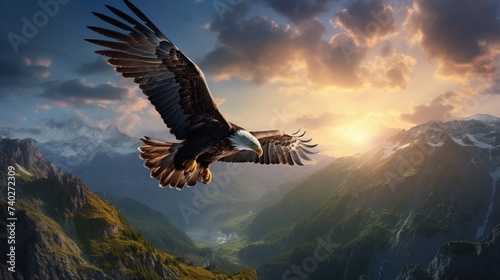Against the canvas of a dimming sky, an elegant eagle traverses the mountainous terrain, a symbol of freedom and strength.