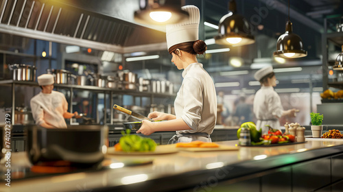 In the kitchen, the cooking professionals move purposefully amidst the savory scents wafting through the air. The space is impeccably organized, with shiny stainless steel finish.