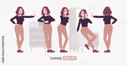 Young woman, charming anime like girl set, leaning poses. Smart casual office attire, black sweater, white shirt collar, beige costume pants, classic brown shoes. Vector flat style cartoon character