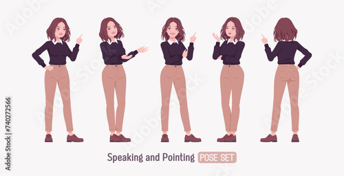 Young woman, charming anime like girl set speak, point pose. Smart casual office attire, black sweater, white shirt collar, beige costume pants classic brown shoes. Vector flat style cartoon character photo