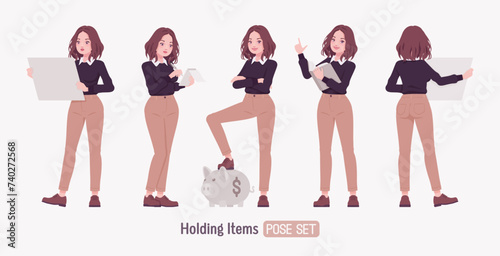 Young woman, charming anime like girl set holding items. Smart casual office attire, black sweater, white shirt collar, beige costume pants, classic brown shoes. Vector flat style cartoon character