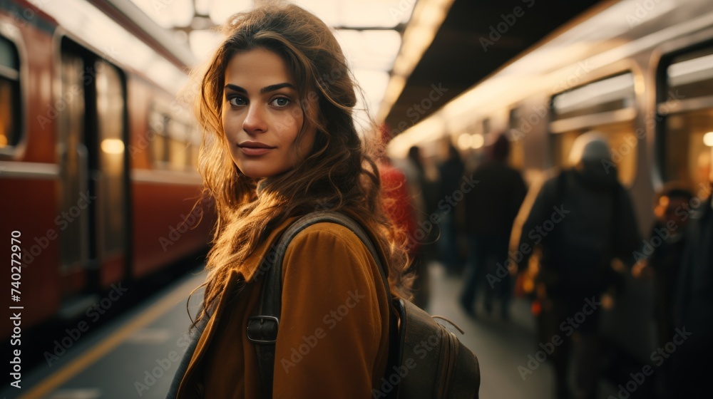 Woman Standing in Front of Train at Train Station Woman Standing in Front of Train at Train Station