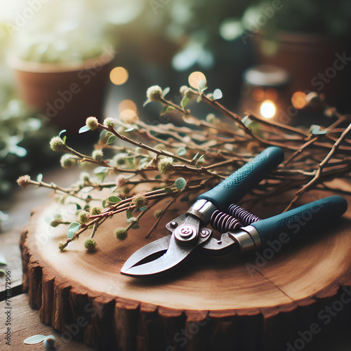 pruner cutting a tree branch on nature background photo