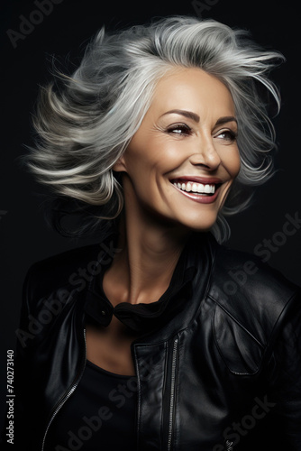 a beautiful older woman with grey hair happy and smile