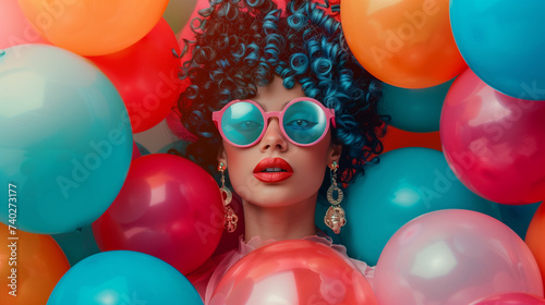 Happy birthday. Woman with Afro hairstyle and sunglasses in the center of the pile of balloons. Celebration colorful background. 