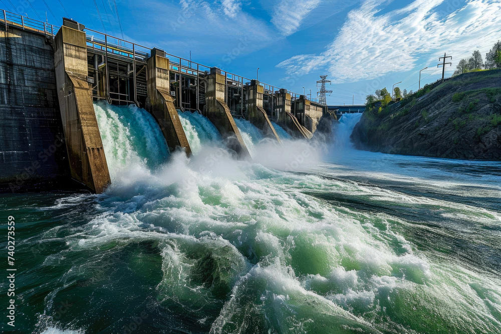 hydroelectric dam on a river with water flowing through the turbines