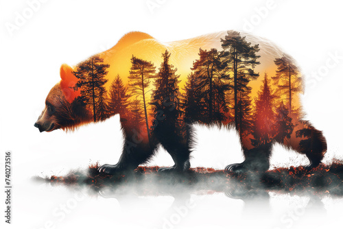 A bear placed in double exposure with forest background and sunset sky.