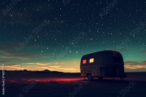 Silhouette of caravan in desert under starry night