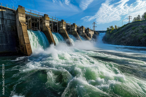 hydroelectric dam on a river with water flowing through the turbines photo