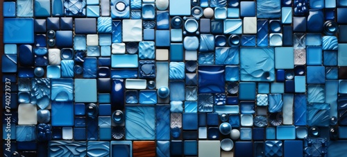 A set of blue ocean ceramic tiles on bath wall in an artistic mosaic texture. Blue ocean Ceramic tiles in bath wall background. banner wallpaper poster