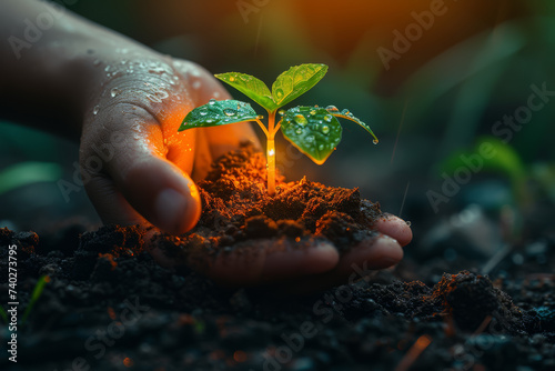 A person holding a glowing seedling, signifying the nurturing and growth of an idea into a flourishing concept. Concept of idea cultivation. Generative Ai.