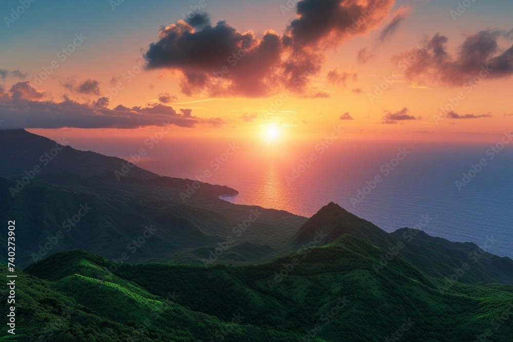 Sunset over green mountain with atlantic ocean,