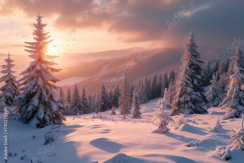 Sunrise in woodland. Untouched winter landscape. Stunning morning view of Carpathian valleys with snow covered fir trees. Calm outdoor scene of mountain forest. Christmas postcard © sania