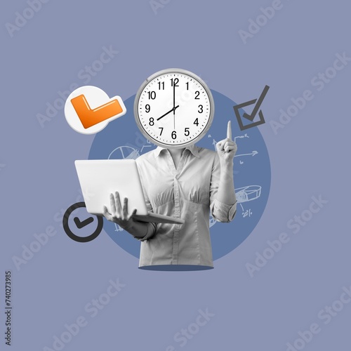 Procrastination concept, person with a clock instead head photo