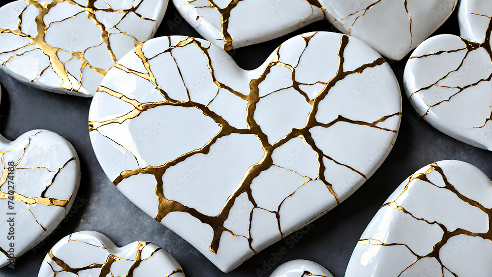 golden cracks details in kintsugi up cycled white porcelain ceramic heart