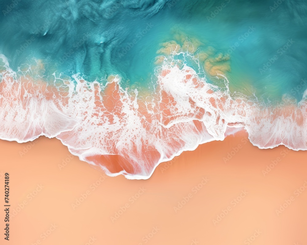 Aerial view of ocean waves on sandy beach, blue water with foam, summer seascape from above