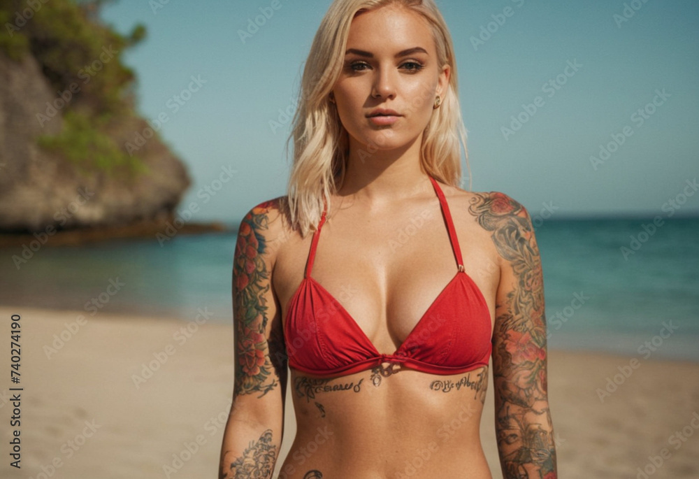 Blonde model girl with a flower tattoo on her body in a revealing red bikini on a tropical beach Blonde model girl with a flower tattoo on her body in a revealing red bikini on a tropical beach