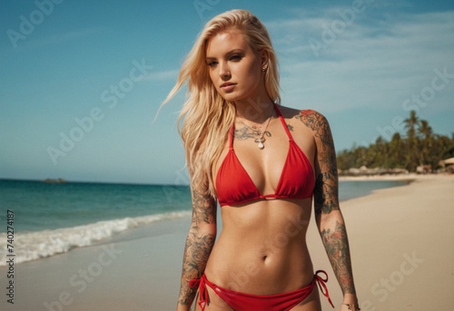 Blonde model girl with a flower tattoo on her body in a revealing red bikini on a tropical beach