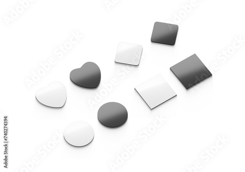 Blank black and white round, square, heart fridge magnet mockup