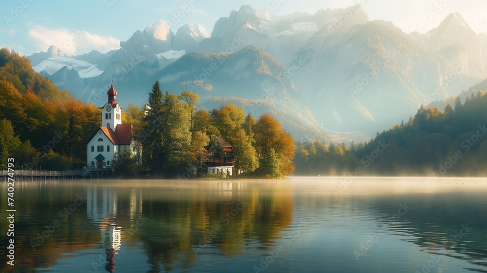 Fototapeta premium An ancient German town on a lake overlooking the Alps.