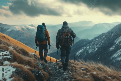 Two men hiking on mountain