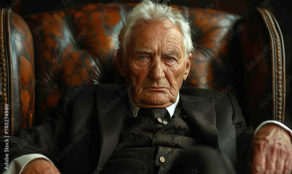 An elder man in a suit is sitting in a leather chair