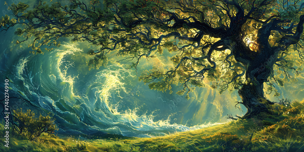 surreal nature with water waves and old tree surreal nature with water waves and old tree