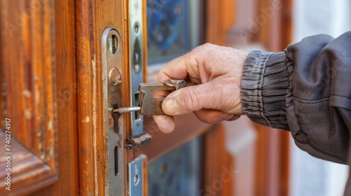 Close-up of a man's hand repairing an old wooden door with a metal key.