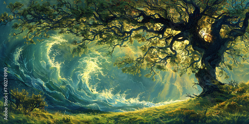surreal nature with water waves and old tree © Riverland Studio