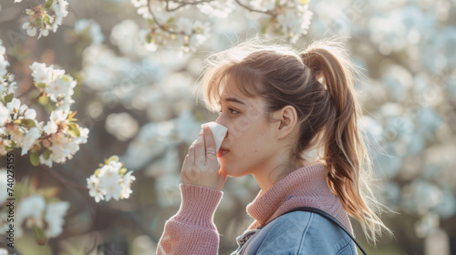 young woman is holding a tissue to her nose amidst blooming spring trees, she may have allergies.