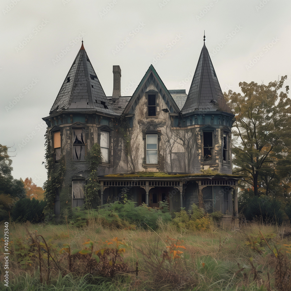 Mysterious Abandoned Mansion in Autumnal Setting Mysterious Abandoned Mansion in Autumnal Setting
