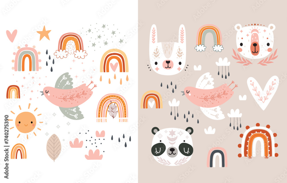 Fototapeta premium Cute Boho collection with graphic elements for your design - rainbow, heart, bird, bunny, bear.