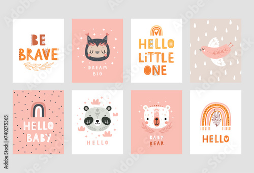 Cute Boho cards with Letterings and boho animals for your design - Hello little one, be brave, hello baby and others.